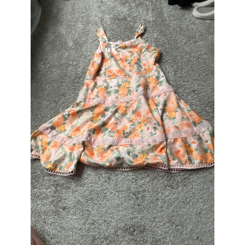 Knit Works Girls Floral Tiered Dress Pink Orange Lace Trim Size 18.5 Plus